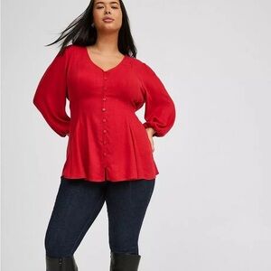 torrid Red Button-Front V-Neck Peplum Blouse